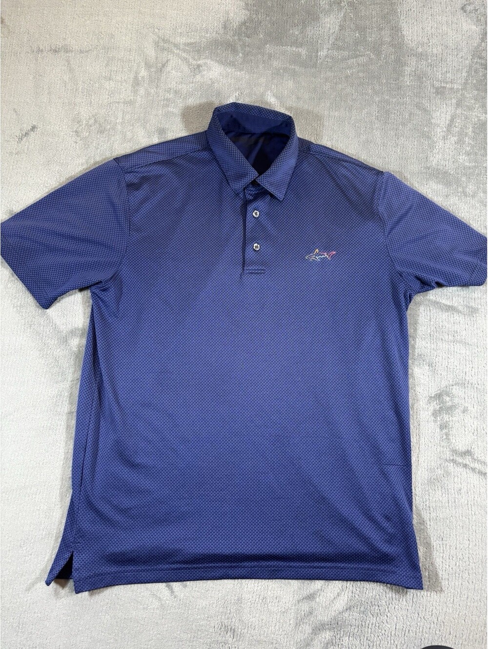 Greg Norman Play Dry Polo Small Navy Blue Geometric Print Shark Logo Golf Active